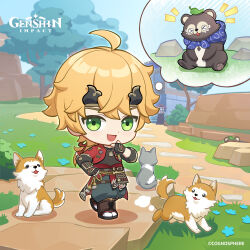 Rule 34 | 1boy, :d, absurdres, ahoge, animal, armor, baggy pants, bake-danuki (genshin impact), birthday, black gloves, black shirt, blonde hair, brown footwear, cat, chibi, commentary, copyright name, day, dog, dot nose, fingerless gloves, full body, genshin impact, gloves, grass, green eyes, green hair, hand on own hip, highres, japanese clothes, logo, long hair, looking at viewer, male focus, official art, open mouth, outdoors, pants, shirt, smile, standing, thai commentary, thoma (genshin impact), thought bubble, toeless footwear, tree