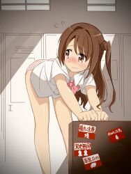 Rule 34 | 1girl, :|, ass, blush, bow, bowtie, brown eyes, brown hair, closed mouth, commentary request, dot nose, embarrassed, feet out of frame, flying sweatdrops, furrowed brow, hair intakes, highres, idolmaster, idolmaster cinderella girls, indoors, kuwahara, leaning forward, locker, locker room, long hair, long legs, looking back, no pants, nose blush, one side up, panties, pink bow, pink bowtie, pink panties, school uniform, shimamura uzuki, shirt, solo, standing, striped clothes, striped panties, sweatdrop, swept bangs, thighs, underwear, wavy mouth, white panties, white shirt