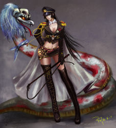 Rule 34 | 1girl, absurdres, alternate costume, animal, asymmetrical footwear, badge, belt, black gloves, black hair, blue eyes, boa hancock, boots, breasts, cape, cleavage, earrings, epaulettes, fangs, forked tongue, gloves, grey background, hand on own hip, hat, highres, holding, holding whip, jewelry, jolly roger, large breasts, lipstick, ljjshmhday, long hair, makeup, microskirt, midriff, mismatched footwear, navel, one piece, peaked cap, salome (one piece), signature, skirt, skull, smile, snake, snake earrings, straw hats jolly roger, thigh boots, thighhighs, tongue, white cape