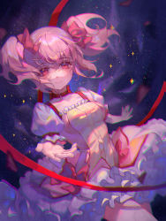 Rule 34 | 1girl, absurdres, bow, bow choker, bubble skirt, buttons, chinese commentary, choker, chromatic aberration, collarbone, commentary request, cowboy shot, crossed bangs, dress, dress bow, dutch angle, frilled sleeves, frills, hair bow, highres, kaname madoka, looking at viewer, magical girl, mahou shoujo madoka magica, mahou shoujo madoka magica (anime), outstretched arms, pink dress, pink eyes, pink hair, puffy short sleeves, puffy sleeves, purple background, reaching, reaching towards viewer, red choker, red ribbon, ribbon, short hair, short sleeves, short twintails, single tear, sizuka (komorilian), skirt, smile, solo, sparkle, twintails, white skirt
