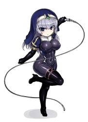 Rule 34 | &gt;:/, 1girl, :/, black bodysuit, black footwear, black thighhighs, blue eyes, bodysuit, boots, borrowed character, breasts, cameltoe, chibi, covered erect nipples, covered navel, elbow gloves, full body, gloves, high heel boots, high heels, knee up, large breasts, latex, leg up, long hair, looking at viewer, null (nyanpyoun), nun, original, shiny clothes, silver hair, skin tight, solo, thigh boots, thighhighs, v-shaped eyebrows, weapon, whip