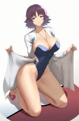 Rule 34 | 1girl, absurdres, anagumasan, bare legs, blue one-piece swimsuit, breasts, cleavage, creatures (company), curvy, game freak, highleg, highleg swimsuit, highres, jewelry, kneeling, lab coat, large breasts, lips, looking at viewer, narrow waist, nintendo, one-piece swimsuit, parted lips, philena ivy, pokemon, pokemon (anime), pokemon (classic anime), purple eyes, purple hair, shiny skin, shoes, short hair, smile, solo, strapless, swimsuit, thighs, wide hips