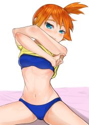 Rule 34 | 1girl, :3, arms up, bare arms, bed sheet, bikini, bikini under clothes, blue bikini, blue eyes, blush, breasts, cameltoe, closed mouth, clothes lift, creatures (company), crossed arms, female focus, game freak, gatchan, half-closed eyes, lifted by self, looking at viewer, medium breasts, misty (pokemon), navel, nintendo, orange hair, pinky out, pokemon, pokemon (anime), pokemon sm042, pokemon sm (anime), ribs, seductive smile, shiny skin, shirt, shirt lift, short hair, short sleeves, side ponytail, simple background, sitting, smile, solo, spiked hair, spread legs, stomach, swimsuit, swimsuit under clothes, tsurime, undressing, white background, yellow shirt