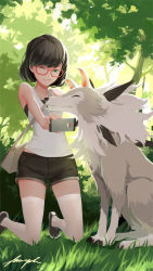 Rule 34 | 1girl, ;), bad id, bad pixiv id, black footwear, black shorts, camera phone, cellphone, creatures (company), day, game freak, gen 7 pokemon, grass, green eyes, houtachi, kneeling, lycanroc, lycanroc (midday), nintendo, one eye closed, outdoors, parted lips, phone, pokemon, pokemon (creature), pokemon sm, selene (pokemon), selfie, shirt, shoes, shorts, signature, smile, tree, white shirt