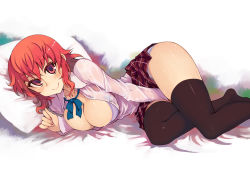 Rule 34 | 1girl, blush, bow, breasts, cleavage, kusanagi tonbo, large breasts, legs, looking at viewer, lying, on side, original, panties, pantyshot, pillow, plaid, red hair, shirt, skirt, smile, solo, thighhighs, underwear, upskirt, wet, wet clothes, wet shirt