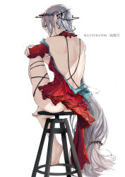 Rule 34 | 1girl, absurdres, arknights, artist name, ass, backless dress, backless outfit, bad id, bad pixiv id, barefoot, black ribbon, bottomless, chinese commentary, commentary request, crossed arms, dress, feet, frilled dress, frills, from behind, full body, grey hair, hair ornament, highres, knee up, leg ribbon, long hair, looking at viewer, low-tied long hair, miao ao tian, no headwear, no panties, official alternate costume, partially undressed, red dress, red eyes, ribbon, shoulder blades, sideways glance, simple background, sitting, skadi (arknights), skadi the corrupting heart (arknights), skindentation, solo, stool, thigh ribbon, very long hair, white background