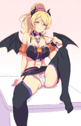 Rule 34 | &gt;:), 10s, 1girl, ayase eli, basket, bat wings, blonde hair, blue eyes, bow, bow panties, breasts, cameltoe, candy, cleavage, crop top, cross-laced clothes, demon horns, detached collar, detached sleeves, fake horns, flogger, food, garter straps, hair between eyes, halloween, horns, jack-o&#039;-lantern, large breasts, leg up, looking at viewer, love live!, love live! school idol festival, love live! school idol project, microskirt, midriff, navel, neck ribbon, osr hugo, panties, pink background, pink ribbon, ponytail, puffy short sleeves, puffy sleeves, ribbon, scrunchie, short sleeves, sitting, skirt, solo, spread legs, strap pull, thighhighs, toes, underwear, v-shaped eyebrows, white panties, wings
