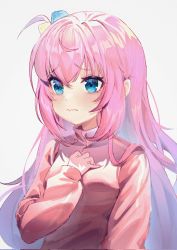 Rule 34 | 1girl, blue eyes, bocchi the rock!, closed mouth, cube hair ornament, gotoh hitori, hair between eyes, hair ornament, hair over eyes, hand on own chest, highres, jacket, long hair, looking to the side, nervous, one side up, pink hair, pink jacket, simple background, solo, tansuan (ensj3875), track jacket, upper body, white background