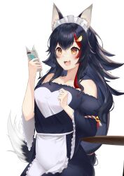 Rule 34 | 1girl, absurdres, animal ear fluff, animal ears, apron, bare shoulders, black dress, black hair, blush, breasts, cellphone, collarbone, commentary, dress, frilled apron, frills, hair between eyes, highres, holding, holding phone, hololive, jellen aura, large breasts, long hair, long sleeves, looking at phone, maid, maid headdress, medium hair, multicolored hair, off-shoulder dress, off shoulder, ookami mio, open mouth, orange eyes, phone, sidelocks, simple background, smartphone, smile, solo, standing, streaked hair, tail, very long hair, virtual youtuber, waist apron, white apron, white background, wide sleeves, wolf ears, wolf girl, wolf tail