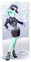 Rule 34 | 1girl, black footwear, black skirt, blue eyes, blue hair, blue skin, blush, buttons, colored skin, concierge, donuttypd, dots, eyewear on head, floating hair, ghost, ghost girl, gloves, hand up, hat, head tilt, high heels, highres, hitodama, long sleeves, medium hair, monster girl, monster prom, monster prom 3: monster roadtrip, name tag, navel, one eye closed, open mouth, outstretched hand, polly geist, skirt, smile, strap, sunglasses, teeth, uniform, white gloves