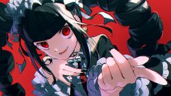 Rule 34 | 1girl, :d, absurdres, black hair, black jacket, black nails, blunt bangs, bonnet, celestia ludenberg, center frills, claw ring, danganronpa: trigger happy havoc, danganronpa (series), dice, drill hair, earrings, frills, gothic lolita, highres, index finger raised, jacket, jewelry, lolita fashion, long hair, long sleeves, looking at viewer, lower teeth only, nail polish, necktie, nitanda cona, open mouth, red background, red eyes, red necktie, shirt, simple background, smile, solo, teeth, twin drills, twintails