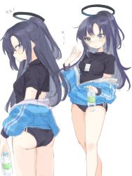 Rule 34 | 1girl, black buruma, black shirt, blue archive, blue buruma, blue jacket, bottle, buruma, gym uniform, halo, highres, id card, jacket, jacket partially removed, looking at viewer, multiple views, official alternate costume, partially unzipped, ponytail, purple eyes, purple hair, shino mera, shirt, solo, sportswear, star (symbol), star sticker, sticker, sticker on face, track jacket, water bottle, yuuka (blue archive), yuuka (track) (blue archive)