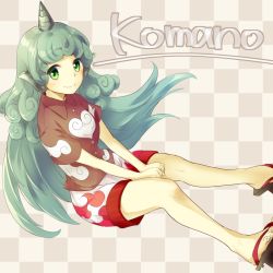 Rule 34 | 1girl, animal ears, blush, character name, checkered background, closed mouth, collared shirt, geta, green eyes, green hair, horns, komano aunn, long hair, looking at viewer, makuwauri, own hands together, shirt, short sleeves, shorts, single horn, smile, solo, touhou, very long hair