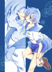 Rule 34 | 1990s (style), 1girl, bishoujo senshi sailor moon, blue eyes, blue hair, blue sailor collar, bow, earrings, face, flower, frown, hand on own head, jewelry, matching hair/eyes, mizuno ami, retro artstyle, sailor collar, sailor mercury, short hair, skirt, solo, standing, standing on one leg, yuh