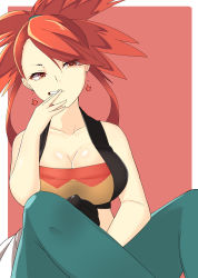 Rule 34 | 1girl, bad id, bad pixiv id, blue pants, breasts, brown eyes, cigarette, cleavage, creatures (company), crop top, earrings, flannery (pokemon), game freak, gym leader, hand up, jewelry, large breasts, long hair, looking at viewer, midriff, mituyota 76, mouth hold, nintendo, pants, pokemon, pokemon oras, ponytail, red background, red eyes, red hair, sitting, smoking, solo