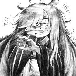 Rule 34 | 1girl, ahoge, asymmetrical sleeves, covered eyes, facing viewer, fang, greyscale, hand mouth, hand to own mouth, hands up, highres, horns, japanese clothes, kilsturgeon, kimono, kuzuda yone, laughing, long hair, looking at viewer, messy hair, monochrome, obi, one-eyed, oni, oni horns, open mouth, outstretched hand, sash, simple background, single horn, skin fang, sleeves past fingers, sleeves past wrists, smirk, solo, striped clothes, striped kimono, uneven sleeves, upper body, utau, very long hair, wide sleeves