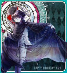 Rule 34 | 1boy, argyle, argyle background, argyle clothes, black cape, black hair, black hat, buttons, cape, cape lift, closed mouth, commentary request, danganronpa (series), danganronpa v3: killing harmony, dated, double-breasted, feet out of frame, from side, goto (sep), grey jacket, hair between eyes, hand up, happy birthday, hat, highres, jacket, looking at viewer, male focus, multicolored background, oma kokichi, one eye closed, outside border, pants, purple hair, smile, solo, standing, white pants