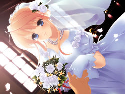 Rule 34 | 1girl, blonde hair, blue eyes, bouquet, braid, bridal veil, bride, candle, dress, dutch angle, flower, game cg, gloves, hair flower, hair ornament, indoors, jewelry, konata yori kanata made, kristel v marie, male hand, necklace, out of frame, pearl necklace, petals, pov, pov hands, puffy short sleeves, puffy sleeves, rose, see-through, shaa, short sleeves, sidelocks, smile, solo focus, veil, wedding, wedding dress, white dress, white flower, white gloves, white rose, window