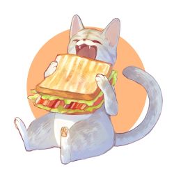 Rule 34 | bacon, bad id, bad twitter id, cat, closed eyes, eating, fangs, food, food focus, full body, hands up, highres, holding, lettuce, mayumochini, no humans, open mouth, original, pawpads, sandwich, simple background, sitting, solo, tomato, two-tone background, white background