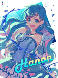 Rule 34 | 1girl, blue background, blue dress, blue theme, character name, collarbone, dress, earrings, gloves, hair ornament, holding, holding microphone, houshou hanon, idol, jewelry, long hair, mermaid melody pichi pichi pitch, microphone, monicanc, music, necklace, open mouth, singing, smile, solo, star (symbol), star earrings, star hair ornament, water, white background, white gloves