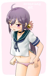 Rule 34 | 1girl, akebono (kancolle), akebono kai ni (kancolle), bell, blue sailor collar, commentary request, dated, flower, hair bell, hair flower, hair ornament, jingle bell, kantai collection, long hair, looking at viewer, no pants, one-hour drawing challenge, panties, pink background, pink panties, purple eyes, purple hair, ray.s, sailor collar, school uniform, serafuku, short sleeves, side ponytail, solo, twitter username, two-tone background, underwear, very long hair