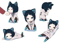 Rule 34 | 1girl, absurdres, animal ears, between legs, blue eyes, blue hair, blunt bangs, blush, brown pantyhose, cat ears, cat girl, chibi, clothes writing, commentary request, gems company, grey hoodie, hand between legs, highres, hood, hood down, hoodie, kneeling, long sleeves, lying, mizushima aoi (virtual youtuber), multiple views, neon trim, on stomach, open mouth, pantyhose, parted lips, short hair, simple background, sitting, split mouth, tama (tama-s), virtual youtuber, white background