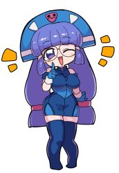 Rule 34 | 1girl, breasts, chibi, glasses, gloves, gluko, highres, medium breasts, mon colle knights, one eye closed, open mouth, purple eyes, purple hair, rokumon tengai mon colle knight, smile, tagme, thighhighs, tight clothes