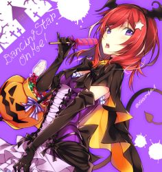 Rule 34 | 10s, 1girl, artist name, bad id, bad twitter id, bat hair ornament, bat wings, black gloves, breasts, candy, cape, cross, demon tail, dress, eating, elbow gloves, english text, food, frilled dress, frills, gloves, hair ornament, halloween, hario 4, jack-o&#039;-lantern, looking at viewer, love live!, love live! school idol festival, love live! school idol project, nishikino maki, open mouth, pumpkin, purple eyes, red hair, short hair, small breasts, solo, splatter, tail, tongue, tongue out, twitter username, upper body, wings