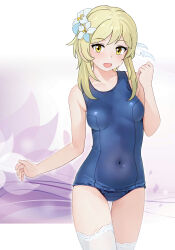 Rule 34 | 1girl, blonde hair, blue one-piece swimsuit, breasts, covered navel, cowboy shot, flower, genshin impact, hair between eyes, hair flower, hair ornament, highres, lumine (genshin impact), neopure, old school swimsuit, one-piece swimsuit, school swimsuit, short hair, short hair with long locks, sidelocks, small breasts, solo, standing, swimsuit, thighhighs, white thighhighs, yellow eyes
