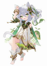 Rule 34 | 1girl, :d, animal ears, arm up, bracelet, cape, cat ears, cat tail, child, cross-shaped pupils, detached sleeves, diamond (shape), dress, genshin impact, gold trim, green cape, green eyes, hair ornament, highres, invisible chair, jewelry, long hair, looking at viewer, measho, nahida (genshin impact), open mouth, pointy ears, ponytail, side ponytail, sidelocks, simple background, sitting, sleeveless, sleeveless dress, smile, solo, star (symbol), stirrup legwear, symbol-shaped pupils, tail, toeless footwear, toeless legwear, toes, white background, white dress, white footwear, white hair, white tail