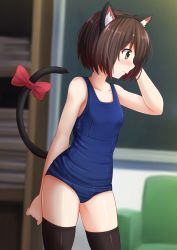 Rule 34 | 10s, 1girl, animal ears, arm behind back, arm up, armchair, bare arms, bare shoulders, blue one-piece swimsuit, blurry, blush, bow, breasts, brown thighhighs, cat ears, cat tail, chair, chalkboard, classroom, closed mouth, collarbone, cowboy shot, depth of field, door, fake animal ears, hairband, hand in own hair, highres, indoors, kazenokaze, kono bijutsubu niwa mondai ga aru!, old school swimsuit, one-piece swimsuit, profile, red bow, school, school swimsuit, small breasts, solo, standing, swimsuit, tail, tail bow, tail ornament, thighhighs, usami mizuki