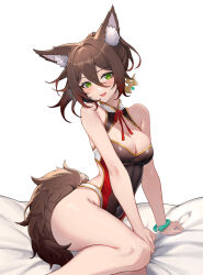 Rule 34 | 1girl, :d, absurdres, adapted costume, animal ear fluff, animal ears, bare shoulders, breasts, brown hair, brown leotard, cleavage, colored tips, commentary request, covered navel, feet out of frame, fox ears, fox tail, green bracelet, green eyes, helenu, highres, honkai: star rail, honkai (series), leotard, looking at viewer, medium breasts, medium hair, multicolored hair, neck ribbon, on bed, open mouth, red hair, red ribbon, ribbon, smile, solo, tail, tingyun (honkai: star rail)