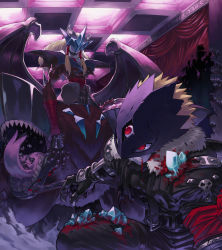 Rule 34 | armor, bad id, bad pixiv id, battle, beelzebumon, belt, blonde hair, blood, buckle, centauroid, claws, clenched teeth, coat, crack, crystal, damaged, demon wings, digimon, digimon (creature), extra mouth, forked tongue, fur coat, gauntlets, granddracumon, grin, hair tubes, highres, horns, injury, long hair, mask, monster, no humans, red eyes, sasasi, sharp teeth, short hair, smile, spikes, tail, taur, teeth, third eye, tongue, torn clothes, wings
