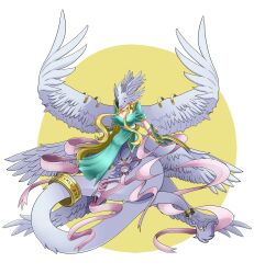 Rule 34 | angewomon, blonde hair, breasts, cleavage, digimon, digimon (creature), fakemon, feathered wings, fusion, gauntlets, highres, holydramon, large breasts, long hair, ofanimon, oridigi, pink ribbon, pointy ears, ribbon, rubixkun (capnii), white background, white wings, wings, yellow background