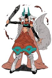 Rule 34 | 1girl, :/, animal ears, animal legs, aqua horns, arm at side, baggy shorts, black eyes, black shirt, braid, cape, cape cutout, circle cutout, closed mouth, colored bangs, crop top, detached sleeves, digitigrade, full body, grey tail, groin, hair extensions, high-waist shorts, highres, holding, holding weapon, hooves, horns, large tail, legs apart, long hair, long sleeves, looking ahead, lower eyelashes only, navel, now drawing, open hand, original, outstretched arm, red cape, red shorts, ribs, shadow, shirt, shorts, signature, simple background, sleeveless, sleeveless shirt, solo, standing, stomach, tail, three quarter view, twin braids, v-shaped eyes, weapon, weapon request, white background, white hair
