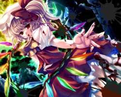 Rule 34 | 1girl, :o, blood, blood on hands, cowboy shot, crystal, dress, dutch angle, female focus, finger to mouth, flandre scarlet, hat, looking at viewer, mob cap, open mouth, outstretched arm, puffy short sleeves, puffy sleeves, red dress, red eyes, short sleeves, slit pupils, solo, touhou, wings