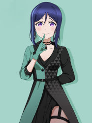 Rule 34 | 1girl, absurdres, arm behind back, artist name, artist request, azalea (love live!), bare legs, belt, black belt, black choker, black dress, black shorts, blue hair, blush, breasts, buttons, choker, cleavage, dress, female focus, finger to mouth, gloves, green background, green dress, green gloves, hair between eyes, high ponytail, highres, himitsu no story (love live!), in the dark (love live!), long hair, looking at viewer, love live!, love live! school idol festival, love live! sunshine!!, matsuura kanan, medium breasts, multicolored hair, parted lips, ponytail, purple eyes, short dress, short sleeves, shorts, shorts under dress, smile, solo, the secret story (love live!), two-tone dress