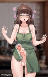 Rule 34 | 1girl, apron, breasts, cum, cum in container, cum in cup, erection, futanari, glass, glasses, green eyes, highres, lactation, large breasts, large penis, merulu ilum, open mouth, penis, solo, testicles