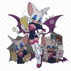 Rule 34 | 1girl, 3mia hadi3, adapted costume, alternate costume, anger vein, angry, animal ears, animal nose, annoyed, aqua eyes, artist name, bags under eyes, bat ears, bat girl, bat wings, black dress, black eyes, blue eyeshadow, blush, body fur, boots, bra, breasts, brown jacket, chao (sonic), cleavage cutout, clenched teeth, closed mouth, clothing cutout, coffee, dress, drinking, elbow gloves, english text, eyeshadow, female focus, flower, folder, full body, furry, furry female, gloves, half-closed eyes, hand on own hip, hands up, happy, head tilt, highres, holding, holding laptop, holding paper, intravenous drip, jacket, jacket on shoulders, juliet sleeves, laptop, light blush, logo parody, long sleeves, looking at another, looking at viewer, looking down, makeup, medium breasts, multiple views, office lady, open clothes, open dress, paper, pink bra, puffy sleeves, purple wings, rouge the bat, short dress, short hair, sideways mouth, signature, simple background, smile, sonic (series), sparkle, squiggle, standing, teeth, thigh boots, thighhighs, thighs, underwear, upper body, v-shaped eyebrows, white background, white flower, white footwear, white fur, white gloves, white hair, wings, zettai ryouiki