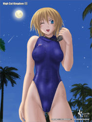 Rule 34 | 2003, beach, blonde hair, blue eyes, blush, breasts, cameltoe, cleft of venus, competition swimsuit, covered erect nipples, full moon, goggles, goggles around neck, highleg, highleg swimsuit, looking to the side, medium breasts, medium hair, moon, night, nyanko batake, one-piece swimsuit, one eye closed, palm tree, shooting star, speedo (company), swimsuit, tree, wet