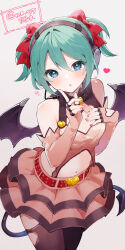 1girl :o aqua_hair belt black_thighhighs blue_eyes bow breasts commentary cowboy_shot demon_girl demon_tail demon_wings elbow_gloves gloves hair_bow hatsune_miku headset heart_hunter_(module) highres ikeuchi_tanuma index_finger_raised medium_hair pink_shirt pink_skirt project_diva_(series) red_belt red_bow shirt simple_background skirt small_breasts solo tail thighhighs twintails twitter_username vocaloid white_background wings