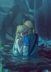 Rule 34 | 1boy, 1girl, absurdres, blonde hair, blush, clenched teeth, comforting, crying, dress, closed eyes, fingerless gloves, gloves, hands on another&#039;s chest, hands on another&#039;s head, highres, hug, link, long hair, night, nintendo, partially submerged, pointy ears, princess zelda, sharlene yap, strapless, strapless dress, teeth, the legend of zelda, the legend of zelda: breath of the wild, water, waterfall