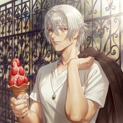 Rule 34 | 1boy, antonio salieri (fate), fate/grand order, fate (series), fence, food, food focus, fruit, hair between eyes, highres, holding food, holding ice cream, ice cream, ice cream cone, jewelry, looking at viewer, male focus, necklace, orange eyes, outdoors, panmijin99, shirt, short sleeves, soft serve, strawberry, sunlight, upper body, white hair, white shirt