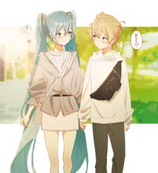 Rule 34 | 1boy, 1girl, ?, absurdres, aqua hair, bag, black pants, blonde hair, blue eyes, blurry, blurry background, blush, commentary, couple, dating, expressionless, feet out of frame, hair ornament, hatsune miku, hetero, highres, holding hands, hood, hoodie, jacket, kagamine len, long hair, looking at another, miniskirt, outdoors, pants, shirt, shoulder bag, skirt, sleeves past wrists, smile, spoken question mark, thought bubble, translated, tree, twintails, very long hair, vocaloid, walking, white hoodie, white shirt, white skirt, zamt 02
