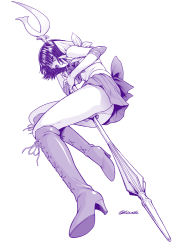 Rule 34 | 1girl, ass, back bow, bishoujo senshi sailor moon, boots, bow, choker, circlet, commentary request, cross-laced footwear, elbow gloves, full body, gloves, high heel boots, high heels, holding, holding polearm, holding spear, holding weapon, jewelry, kouda tomohiro, lace-up boots, leotard, long hair, monochrome, open mouth, pleated skirt, polearm, purple theme, sailor collar, sailor saturn, sailor senshi uniform, short hair, signature, silence glaive, skirt, solo, spear, tomoe hotaru, weapon