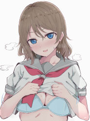 Rule 34 | 1girl, absurdres, blue bra, blue eyes, blush, bra, breasts, brown hair, cleavage, clothes lift, commentary request, grey sailor collar, hair between eyes, hands up, head tilt, highres, large breasts, lifted by self, looking at viewer, love live!, love live! sunshine!!, motion lines, neckerchief, parted lips, red neckerchief, sailor collar, school uniform, serafuku, shirt, shirt lift, short hair, short sleeves, simple background, smile, solo, sweat, underwear, upper body, uranohoshi school uniform, watanabe you, wewe, white background, white shirt