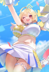 Rule 34 | 1girl, ;d, ?, ahoge, armband, blonde hair, blue archive, blue armband, blue sky, blurry, blurry background, blush, breasts, cameltoe, cheerleader, cloud, commentary request, cowboy shot, crossed bangs, day, dot nose, gloves, hair between eyes, hair over one eye, halo, highres, holding, holding pom poms, kanmuri (kannmuri0227), kotori (blue archive), kotori (cheer squad) (blue archive), large breasts, long hair, looking at viewer, millennium cheerleader outfit (blue archive), miniskirt, muffin top, navel, official alternate costume, one eye closed, open mouth, outdoors, plump, pom pom (cheerleading), pom poms, red eyes, shadow, short twintails, skirt, sky, smile, solo, stadium, thighlet, triangle halo, twintails, white gloves, white skirt, wing collar, yellow halo