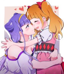 Rule 34 | 2girls, :d, ^ ^, aisaki emiru, black choker, blush, bow, choker, closed eyes, closed mouth, cone hair bun, closed eyes, hair bow, hair bun, hairband, heart, hug, hugtto! precure, long hair, looking at another, low twintails, multiple girls, negom, open mouth, orange hair, precure, puffy short sleeves, puffy sleeves, purple eyes, purple hair, red bow, ruru amour, short hair, short sleeves, smile, twintails, yellow hairband, yuri