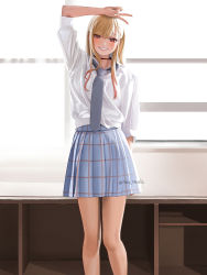 Rule 34 | 1girl, arm at side, arm up, blonde hair, blue skirt, breasts, brown eyes, choker, collared shirt, feet out of frame, grey necktie, grin, highres, jewelry, kitagawa marin, long hair, looking at viewer, necktie, nhaliz, photo-referenced, plaid, plaid skirt, real life, red eyes, shirt, short sleeves, skirt, smile, solo, sono bisque doll wa koi wo suru, twitter username, v, white shirt