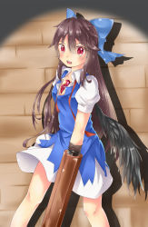 Rule 34 | 1girl, absurdres, arm cannon, bird wings, black hair, blue dress, blush, bow, brick wall, cirno, cirno (cosplay), commentary request, cosplay, dress, artistic error, feng ling (fenglingwulukong), hair bow, highres, long hair, looking at viewer, open mouth, puffy short sleeves, puffy sleeves, red eyes, reiuji utsuho, ribbon, shadow, short sleeves, solo, spotlight, third eye, touhou, weapon, wings
